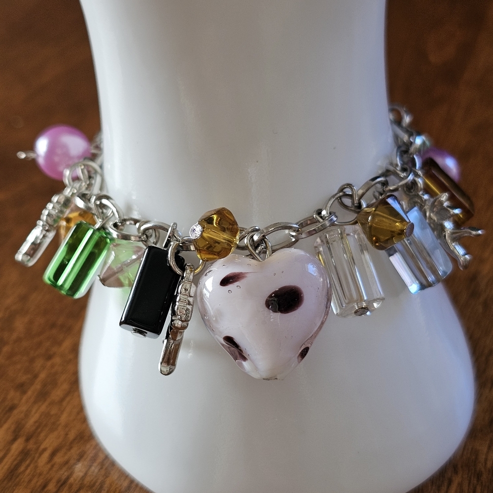 SOLD Colorful Glass Bead Charm Bracelet Lampwork Heart Angels Jingle Bell